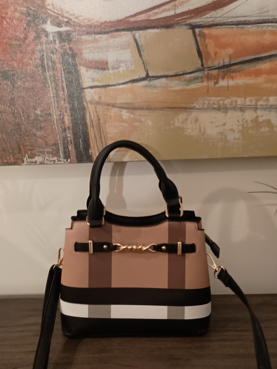 Handbags - Structured Two-Tone Beige and Black Women’s Satchel